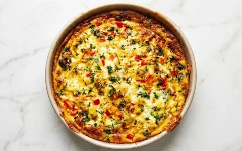 Photorealistic food photography of a freshly baked Use-It-Up Quiche, naturally plated and ready to serve on a white marble surface.