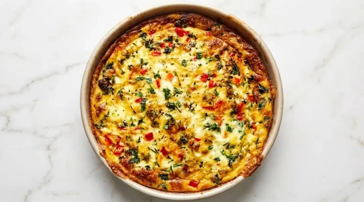 Photorealistic food photography of a freshly baked Use-It-Up Quiche, naturally plated and ready to serve on a white marble surface.