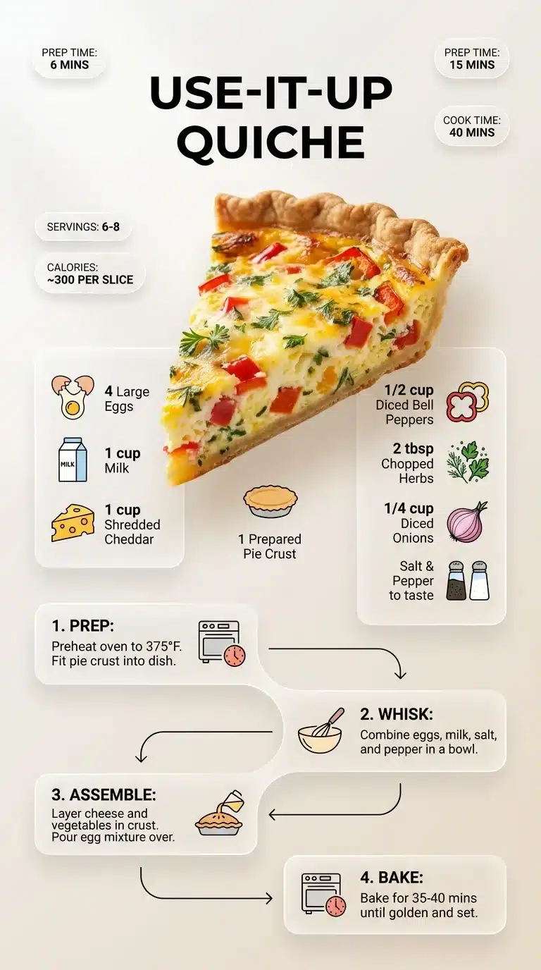 Use-It-Up Quiche Modern Use-It-Up Quiche recipe infographic featuring a plated quiche, ingredients with icons, and step-by-step instructions.