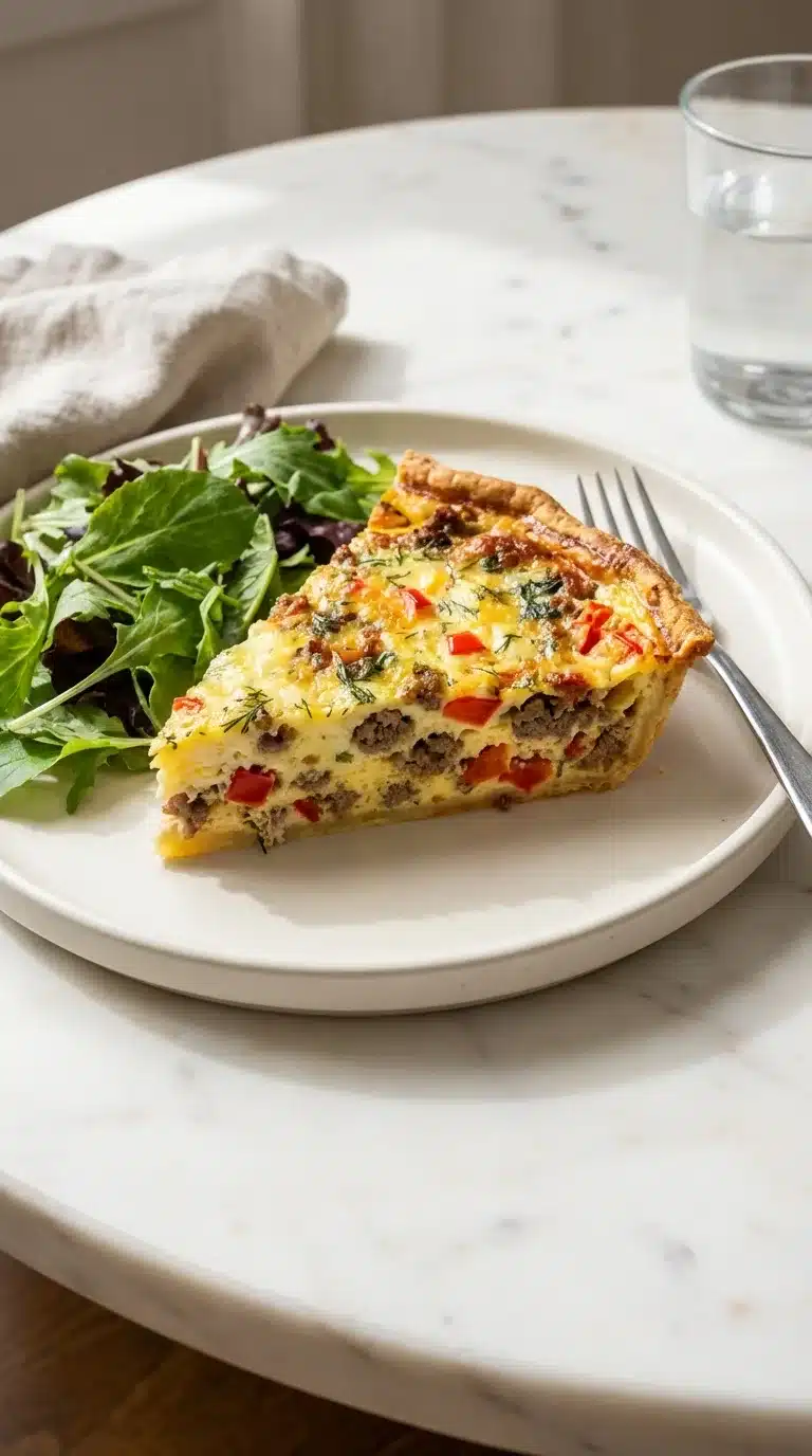 Use-It-Up Quiche Photorealistic image of a slice of Use-It-Up Quiche, freshly baked and served on white marble, ready for an everyday meal.