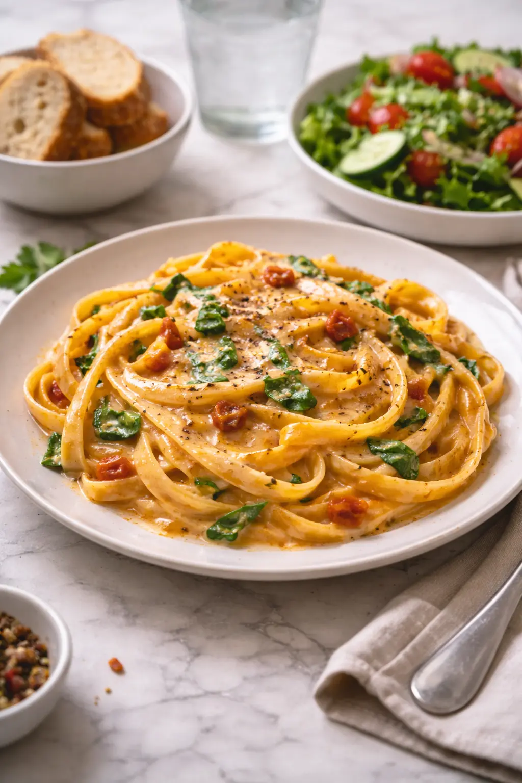 Vegan Creamy Sun Dried Tomato Pasta served on a plate with salad and bread as part of a home meal