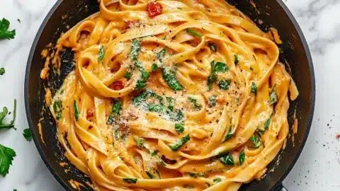 Vegan creamy sun dried tomato pasta served in a bowl with fresh basil