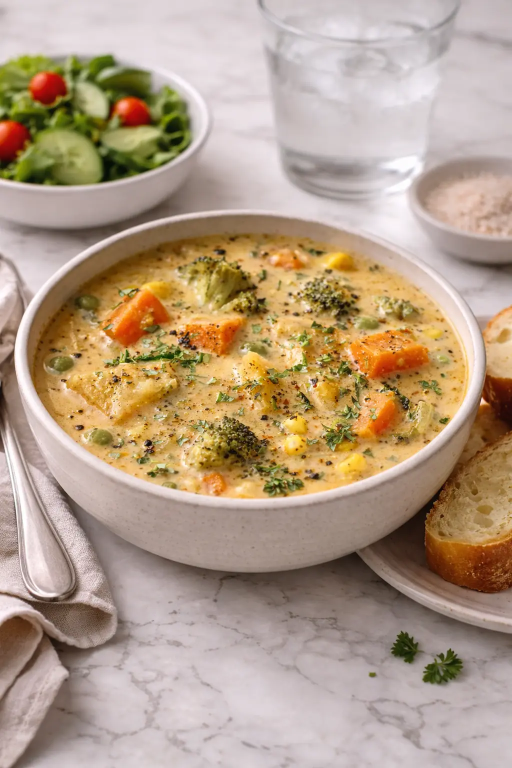 Creamy veggie pot pie soup with carrots, broccoli, peas, and corn served in a bowl on a white marble surface