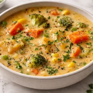 Veggie Pot Pie Soup served in a bowl with carrots, broccoli, peas, and corn in a creamy broth