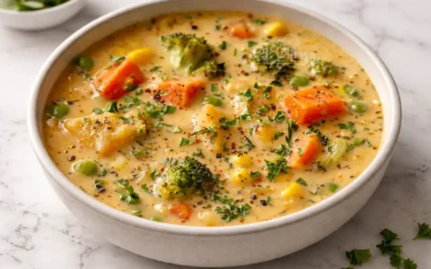 Veggie Pot Pie Soup served in a bowl with carrots, broccoli, peas, and corn in a creamy broth