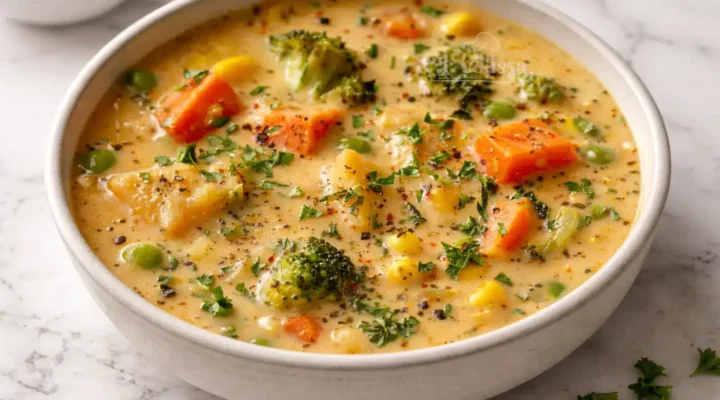 Veggie Pot Pie Soup served in a bowl with carrots, broccoli, peas, and corn in a creamy broth