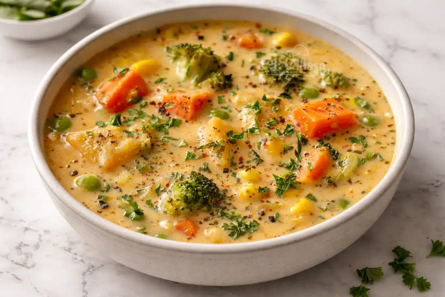 Veggie Pot Pie Soup served in a bowl with carrots, broccoli, peas, and corn in a creamy broth