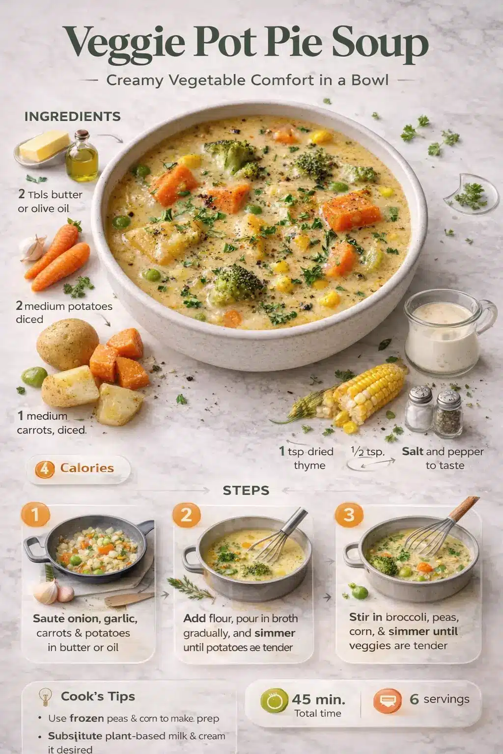 Veggie Pot Pie Soup recipe infographic showing ingredients, steps, and a finished bowl of creamy vegetable soup