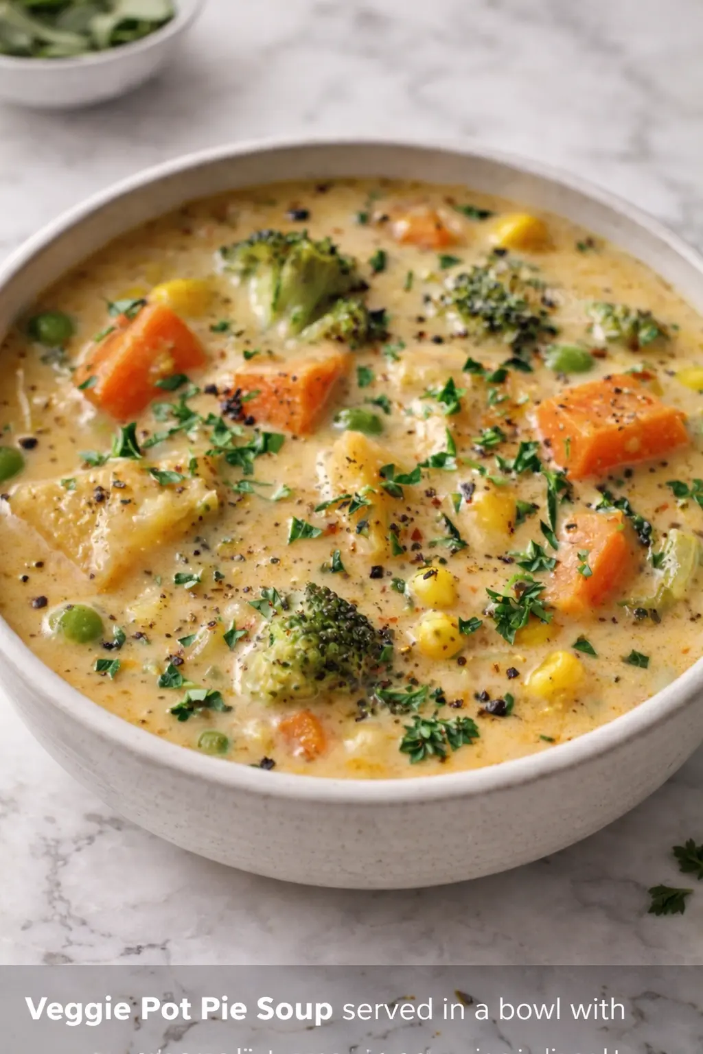 Veggie Pot Pie Soup in a bowl with carrots, broccoli, peas, and corn in a creamy broth