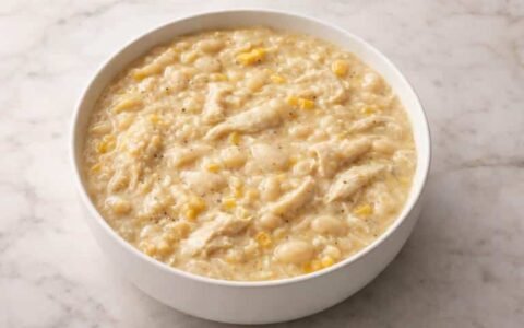 Creamy white chicken chili with shredded chicken, white beans, and corn served in a white bowl