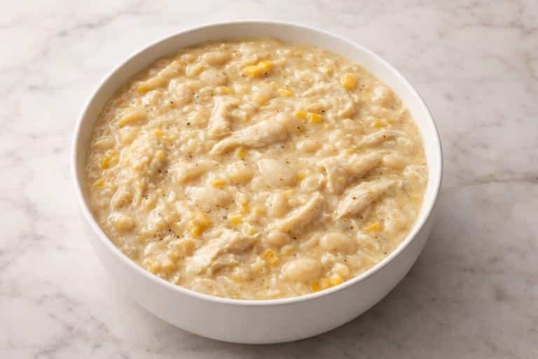 Creamy white chicken chili with shredded chicken, white beans, and corn served in a white bowl