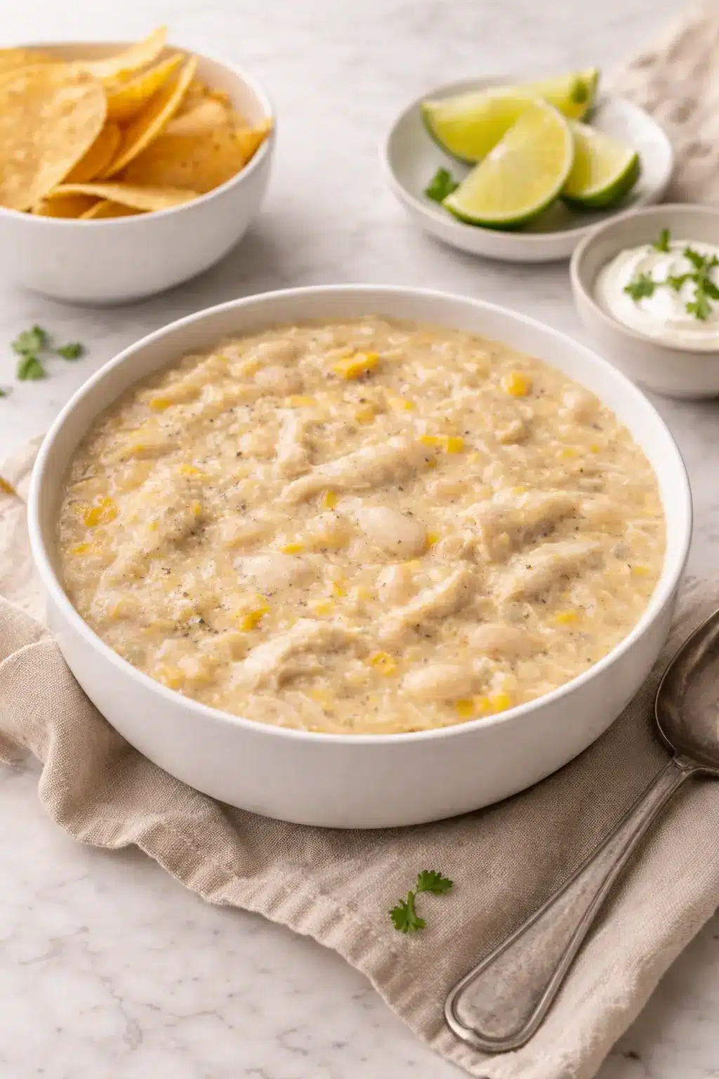 White chicken chili served as a complete meal with tortilla chips, lime wedges, and sour cream on a marble table