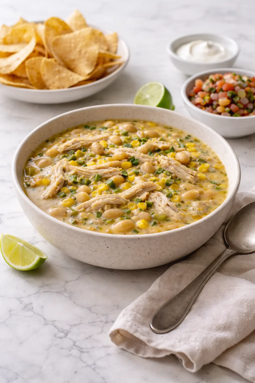 White chicken chili served as a real home-style meal with creamy broth, shredded chicken, white beans, and corn on a white marble surface