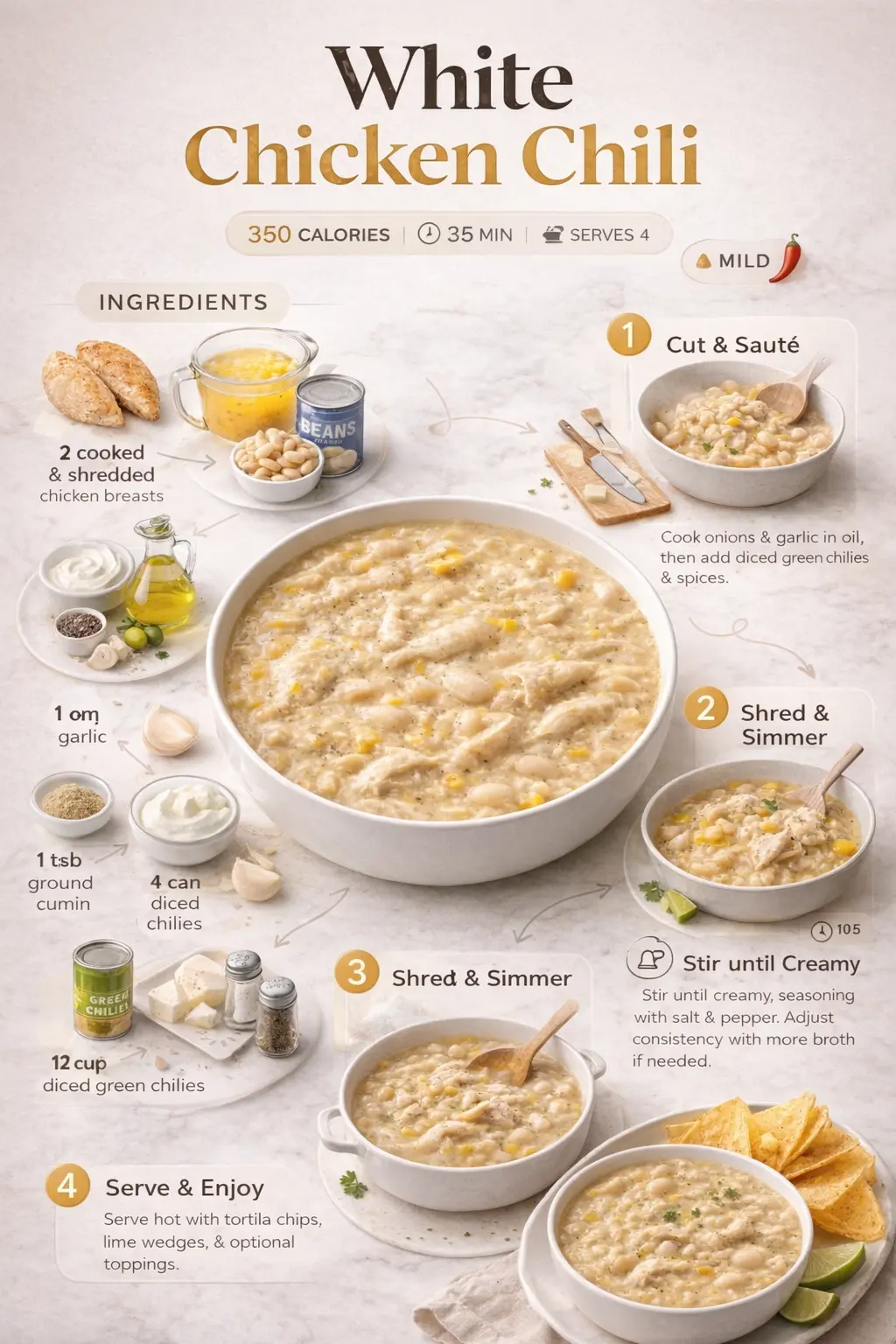 White chicken chili recipe infographic showing ingredients, cooking steps, and a creamy finished dish