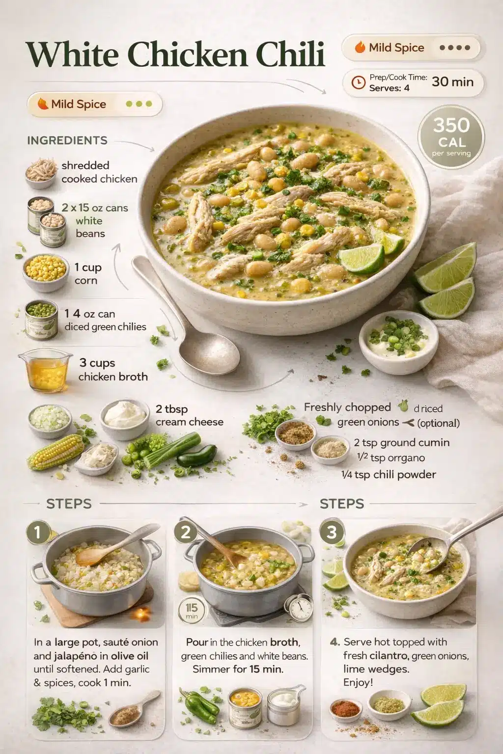 Ultra-clean modern infographic of White Chicken Chili recipe showing ingredients, steps, calories, and prep time around a bowl of creamy chili