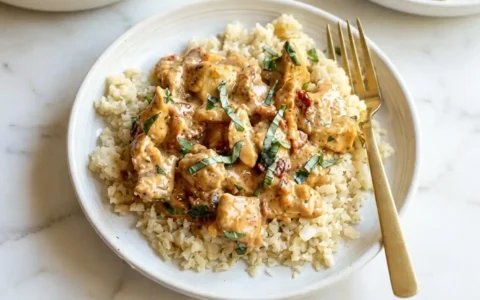 Photorealistic Whole30 Marry Me Chicken, freshly cooked and naturally plated on white marble with natural daylight.