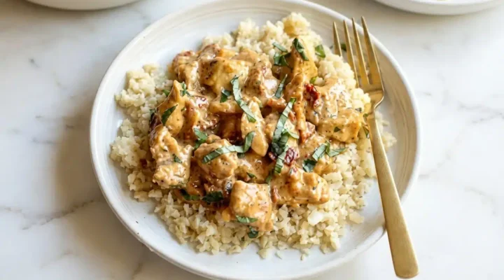 Photorealistic Whole30 Marry Me Chicken, freshly cooked and naturally plated on white marble with natural daylight.