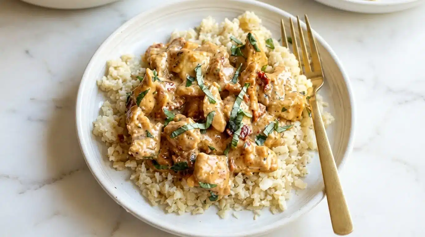 Photorealistic Whole30 Marry Me Chicken, freshly cooked and naturally plated on white marble with natural daylight.