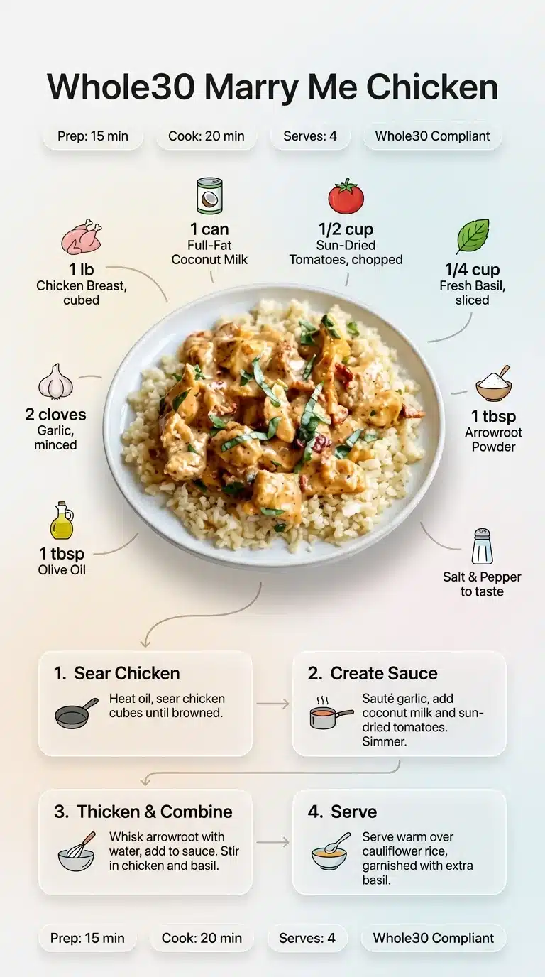 Whole30 Marry Me Chicken recipe infographic with plated dish, ingredients, and step-by-step instructions. 9x16 format.