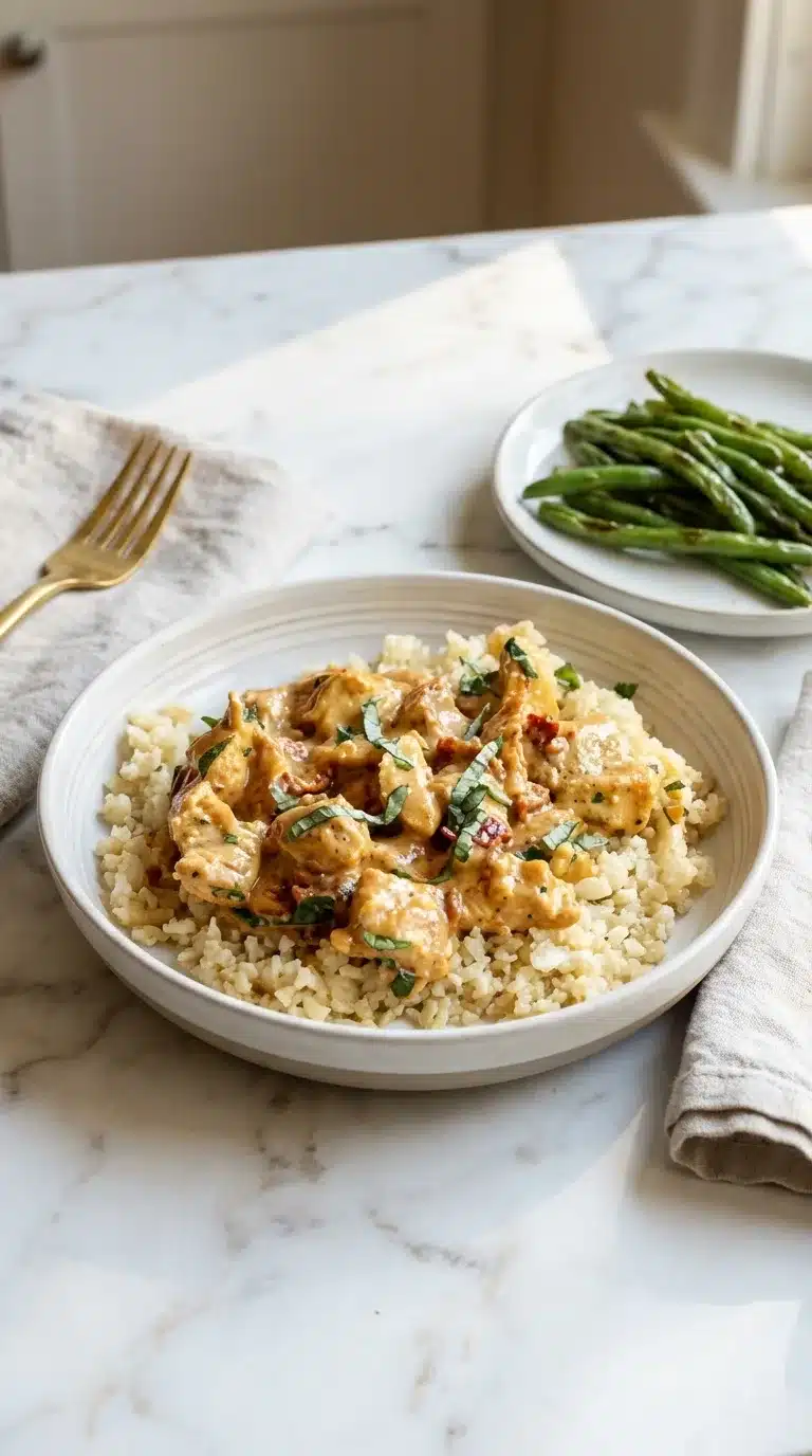 Photorealistic Whole30 Marry Me Chicken served with simple sides on white marble. Vertical 9x16, natural light, home kitchen feel.