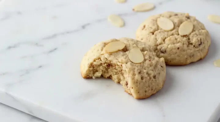 Delicious almond butter cookies, freshly baked and naturally plated on a white marble surface, photographed with natural light from a slightly overhead angle.