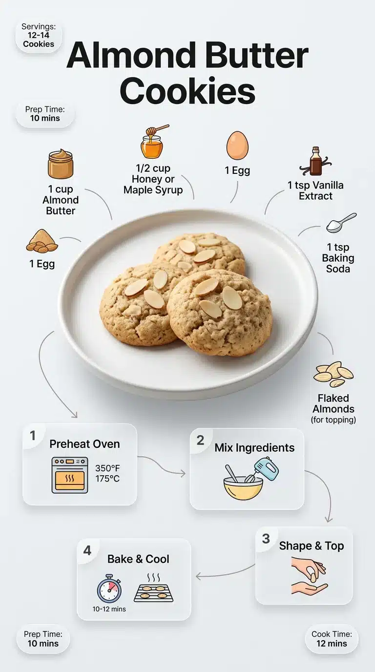 Ultra clean modern infographic for Almond Butter Cookies recipe, showing finished cookies, ingredients, and step-by-step preparation. 9x16.