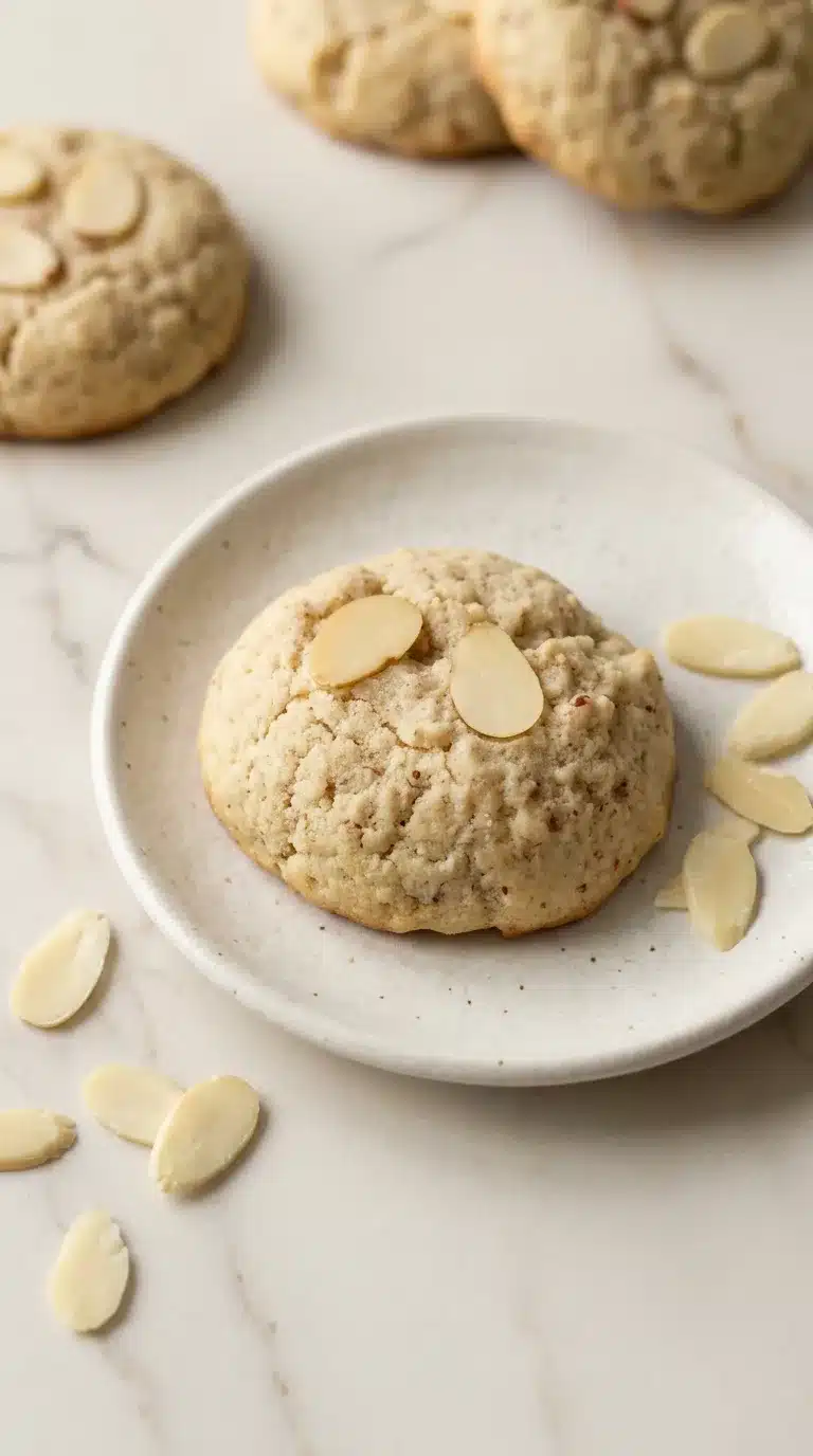 Photorealistic Almond Butter Cookies, naturally plated on white marble. Freshly cooked, realistic, with natural daylight, a home kitchen feel.