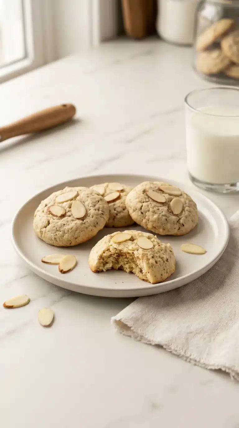 Photorealistic Almond Butter Cookies, freshly baked and served on white marble in a home kitchen setting, 9:16 vertical.