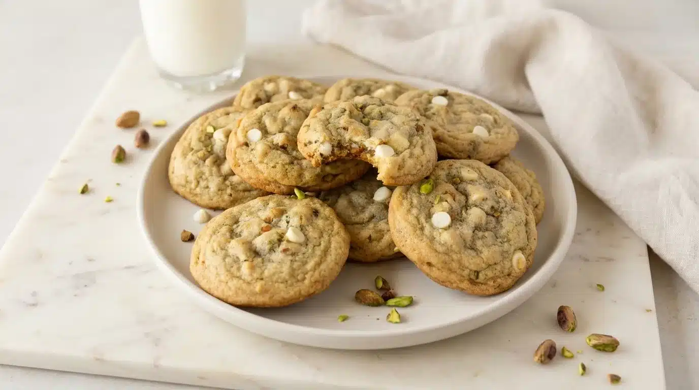 A close-up, photorealistic shot of amazing white chocolate chip pistachio cookies, freshly baked and ready to serve on white marble.