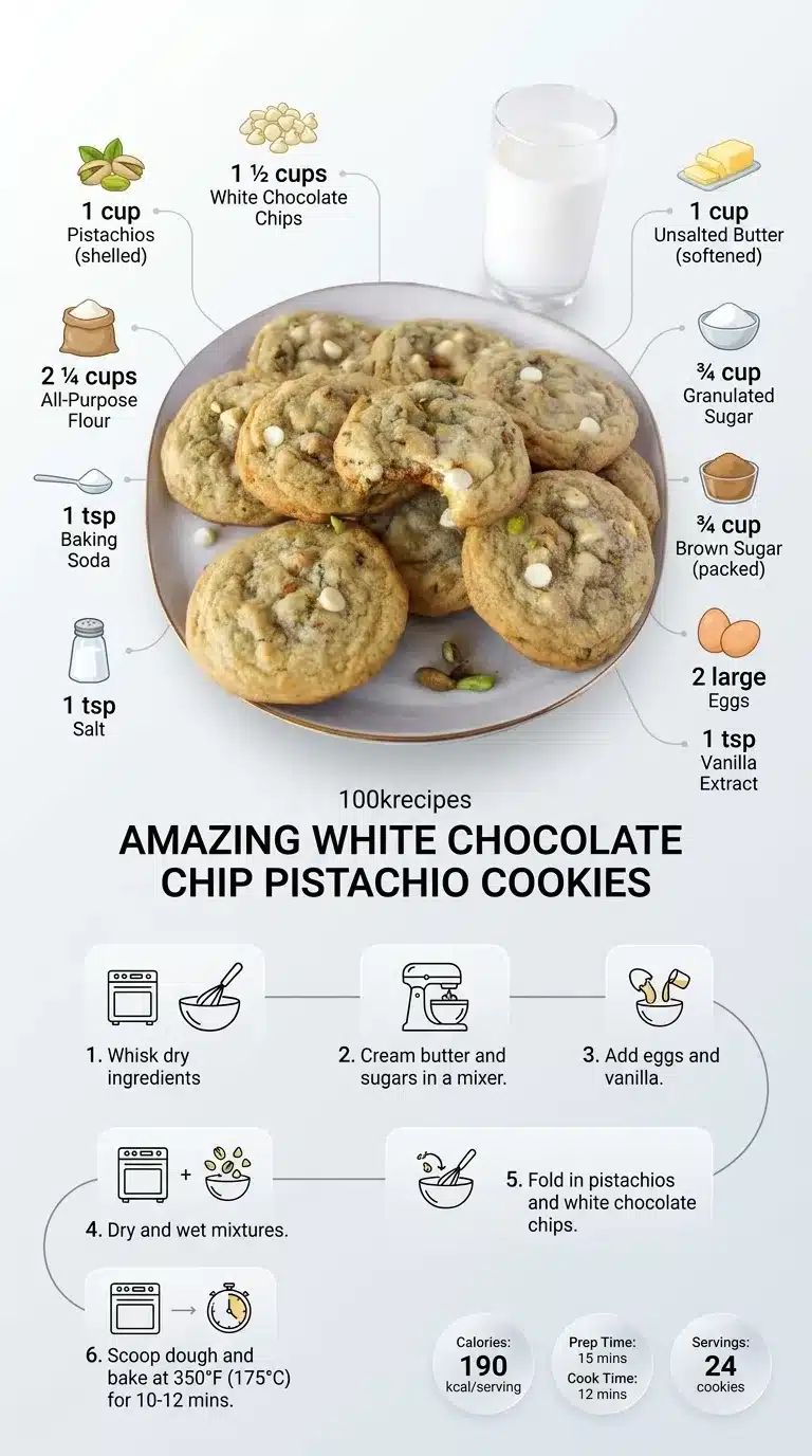 Modern infographic featuring Amazing White Chocolate Chip Pistachio Cookies, with ingredients, step-by-step instructions, and nutrition info.
