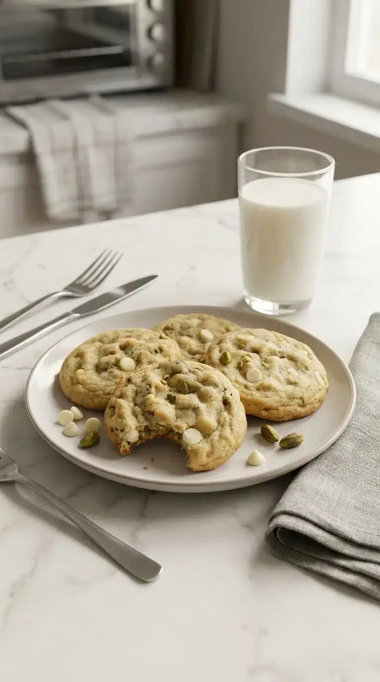 Freshly baked white chocolate chip pistachio cookies served on white marble, bathed in natural light, ready to enjoy.