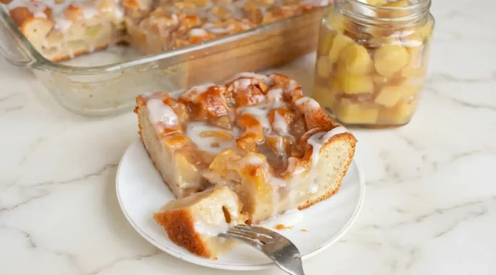 Photorealistic Apple Pie Filling Coffee Cake, freshly baked and ready to serve on white marble. Natural side daylight, 16x9 framing.