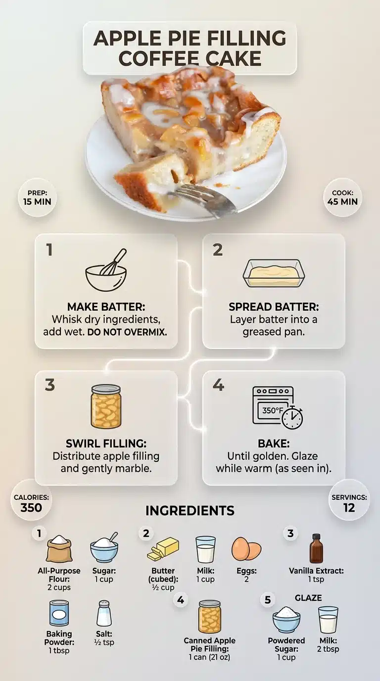 Apple Pie Filling Coffee Cake Infographic: Ultra-clean recipe for Apple Pie Filling Coffee Cake, featuring plated dish, ingredient icons, and step-by-step instructions.