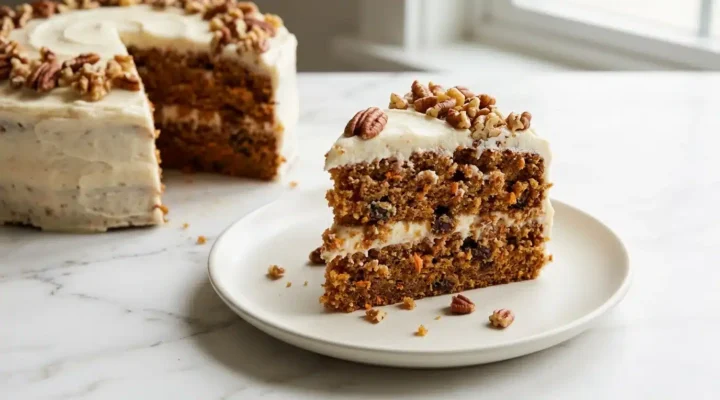 Photorealistic homemade carrot cake, perfectly baked and ready to serve on white marble, captured with natural light.
