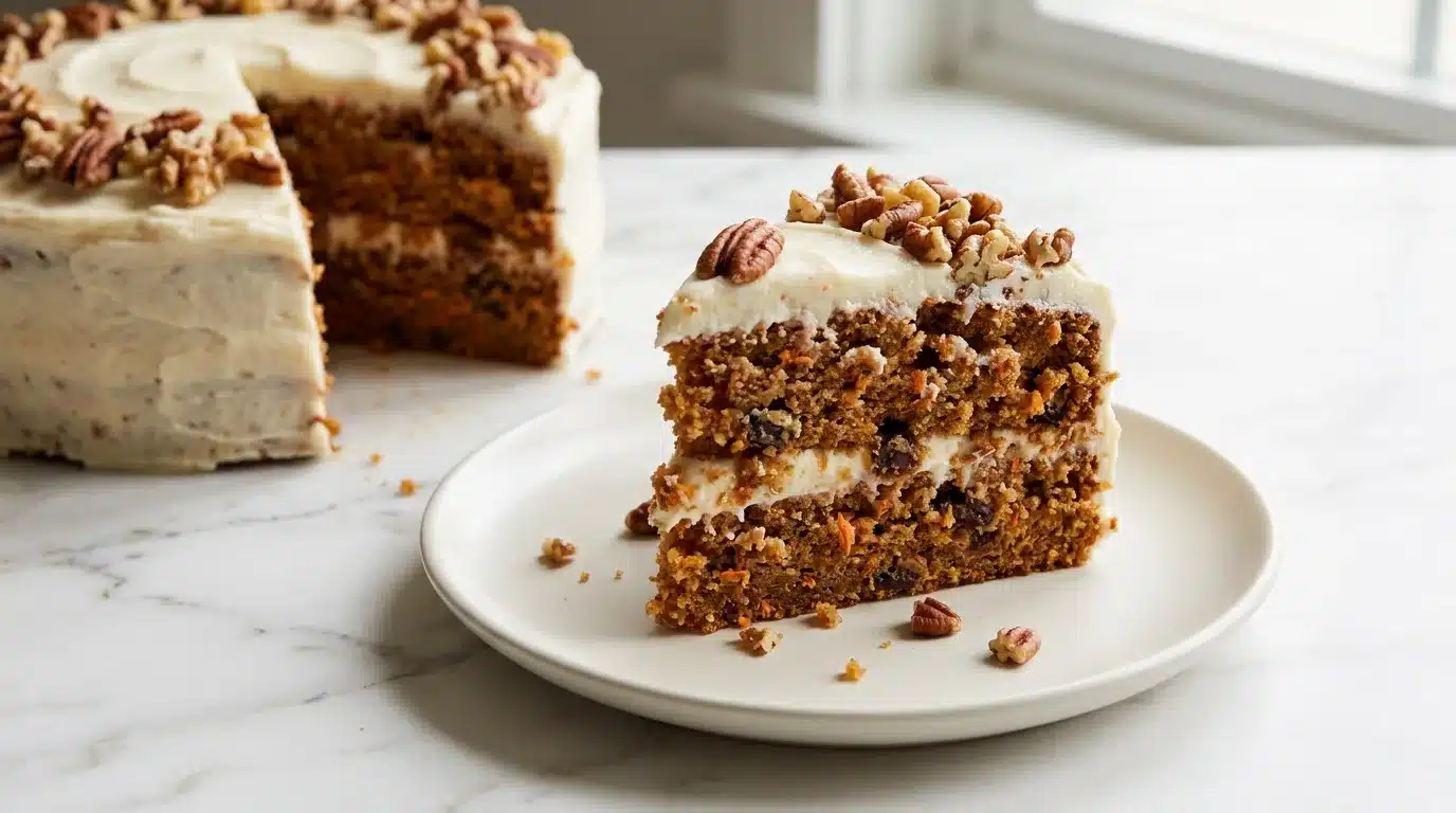 Photorealistic homemade carrot cake, perfectly baked and ready to serve on white marble, captured with natural light.