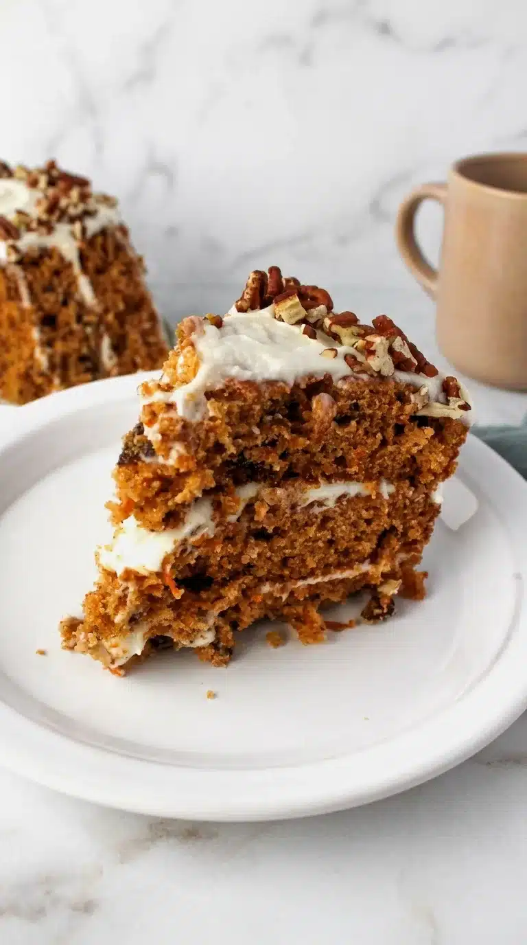 Best Homemade Carrot Cake, photorealistic and freshly plated on white marble, ready to serve.