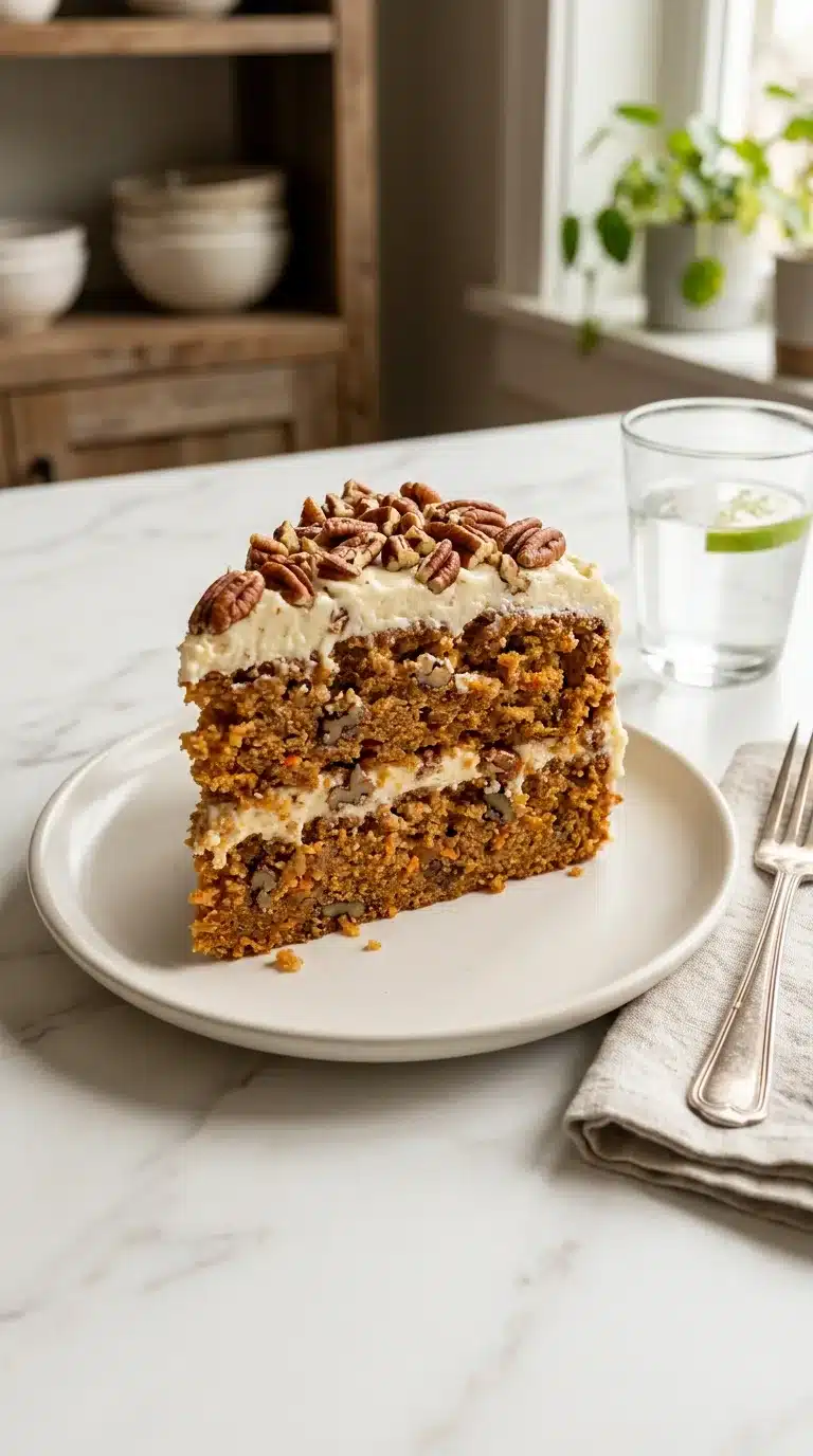 Best Homemade Carrot Cake serving, freshly baked and ready to eat, presented on a white marble surface in natural daylight.