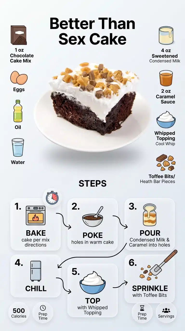 Better Than Sex Cake recipe infographic, featuring the finished cake, illustrated ingredients, and step-by-step preparation guide.