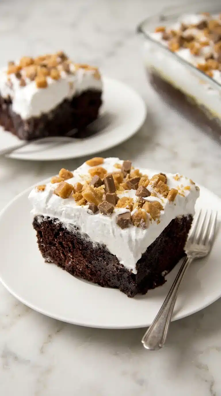 Photorealistic Better Than Sex Cake, ready to serve, on white marble. Natural light, editorial style, 9:16 frame.