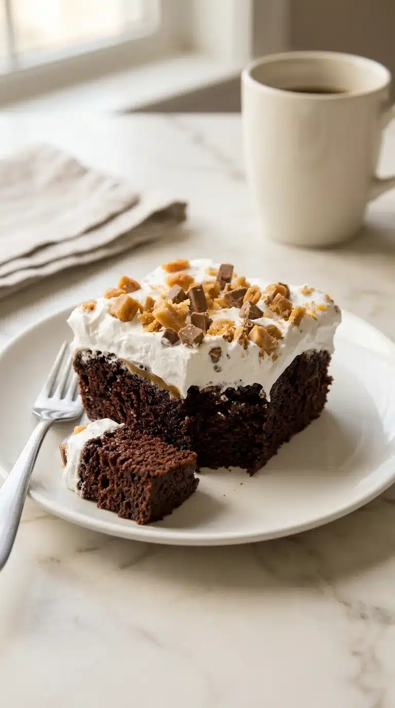 Photorealistic Better Than Sex Cake serving on white marble, fresh and ready to eat, natural daylight, home kitchen feel.