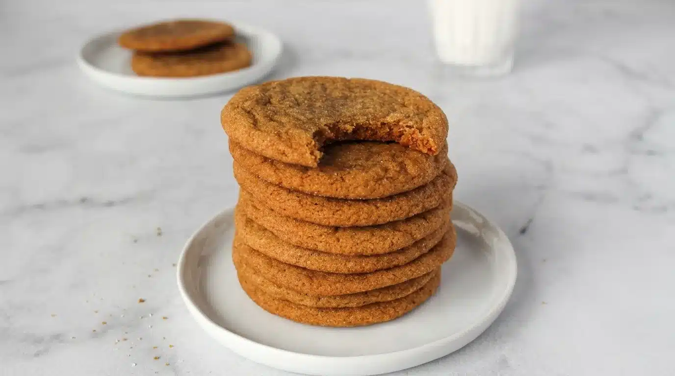Big Soft Ginger Cookies, freshly baked and served on white marble, captured with natural light for a real home kitchen feel.