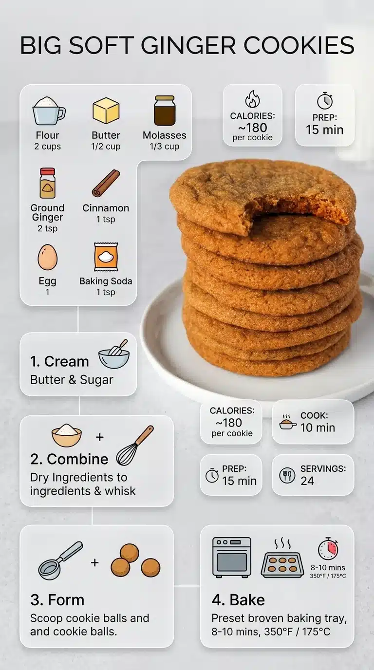Infographic recipe for Big Soft Ginger Cookies showing finished cookies, ingredients, and step-by-step instructions. A clear visual guide.