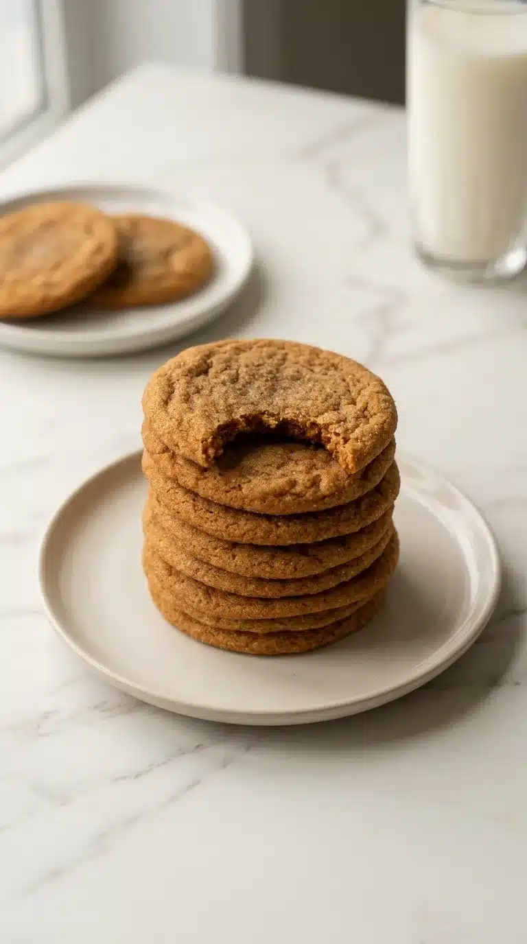 Photorealistic Big Soft Ginger Cookies on white marble, naturally plated, freshly cooked, and realistic with natural daylight.