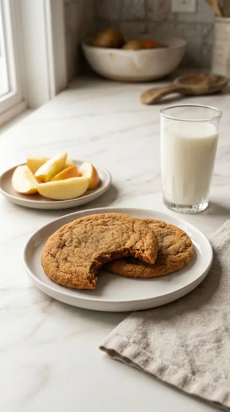 Big soft ginger cookies, freshly baked and served on white marble, with natural light creating soft shadows in a home kitchen setting.