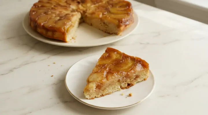 Caramel Apple Upside-Down Cake Photorealistic Caramel Apple Upside-Down Cake, naturally plated on white marble, ready to serve with a home kitchen feel.