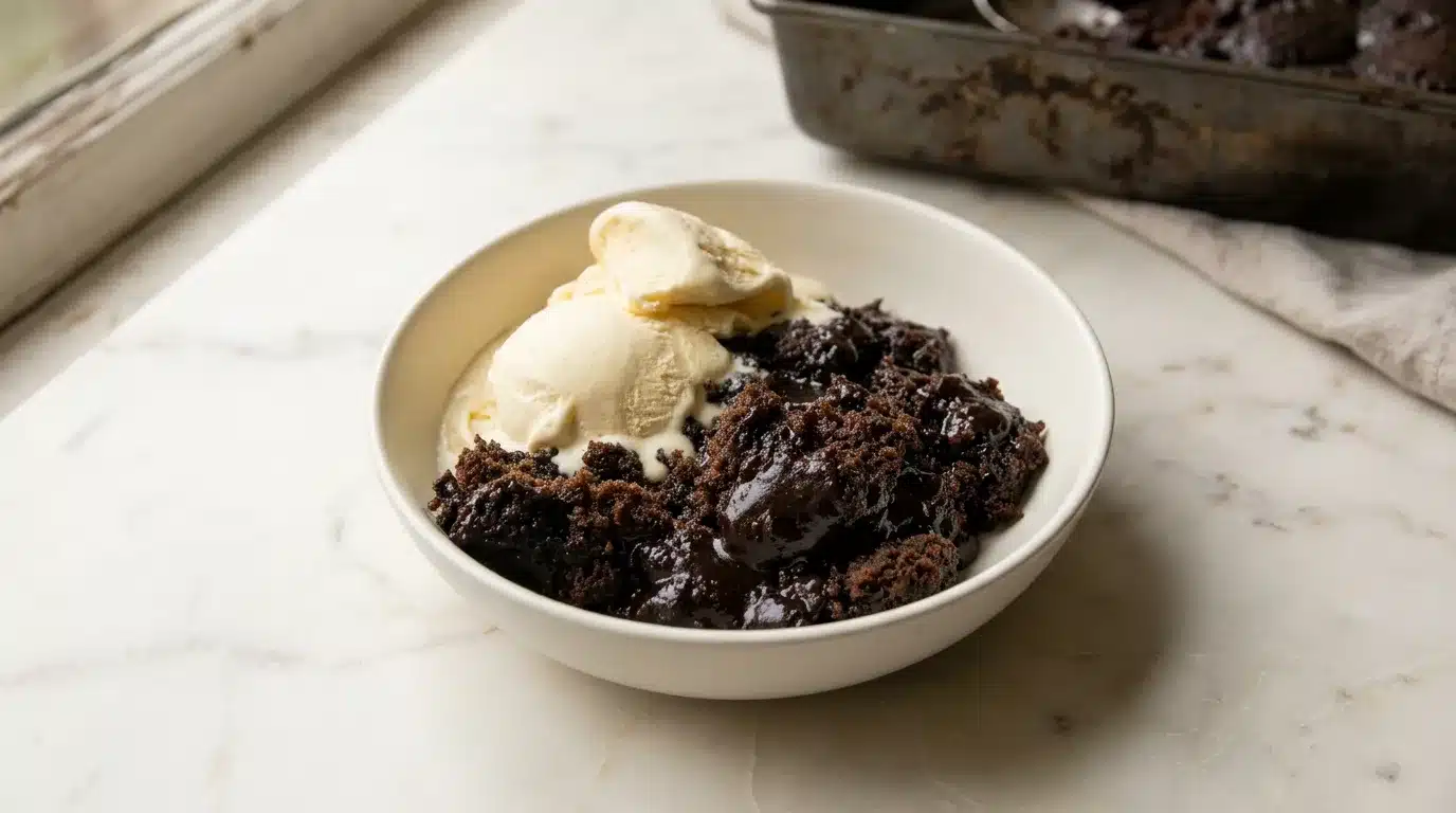 Chocolate Cobbler Photorealistic Chocolate Cobbler, freshly baked and ready to serve, plated on white marble with natural daylight.