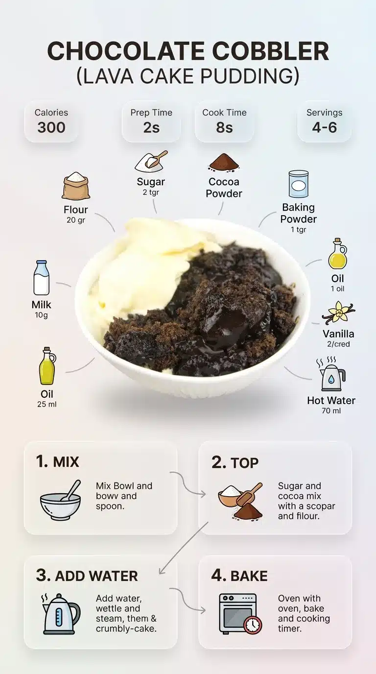 Chocolate Cobbler Chocolate Cobbler recipe infographic featuring finished dessert, clean ingredient icons with quantities, and numbered step-by-step preparation.