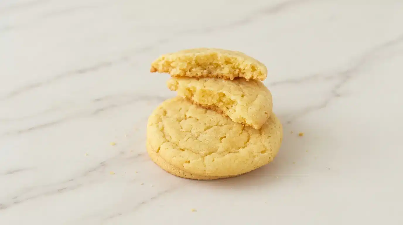 Photorealistic cracked sugar cookies, freshly baked and naturally plated on white marble with soft natural side daylight.