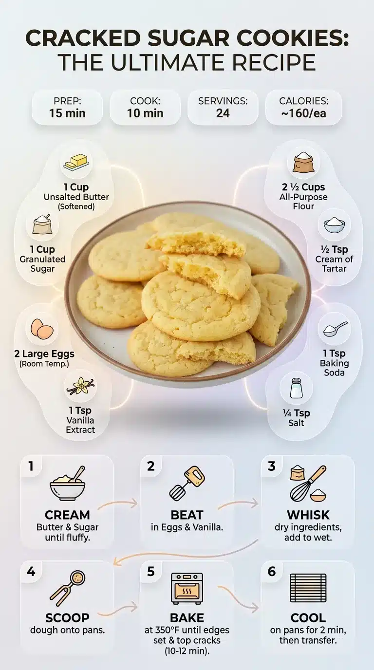 Modern infographic for cracked sugar cookies recipe with hero visual, ingredients, and step-by-step prep.