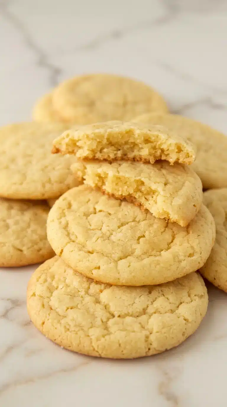 Photorealistic cracked sugar cookies, naturally plated on white marble, warm off-white tones, subtle gray veining, soft matte, natural daylight.